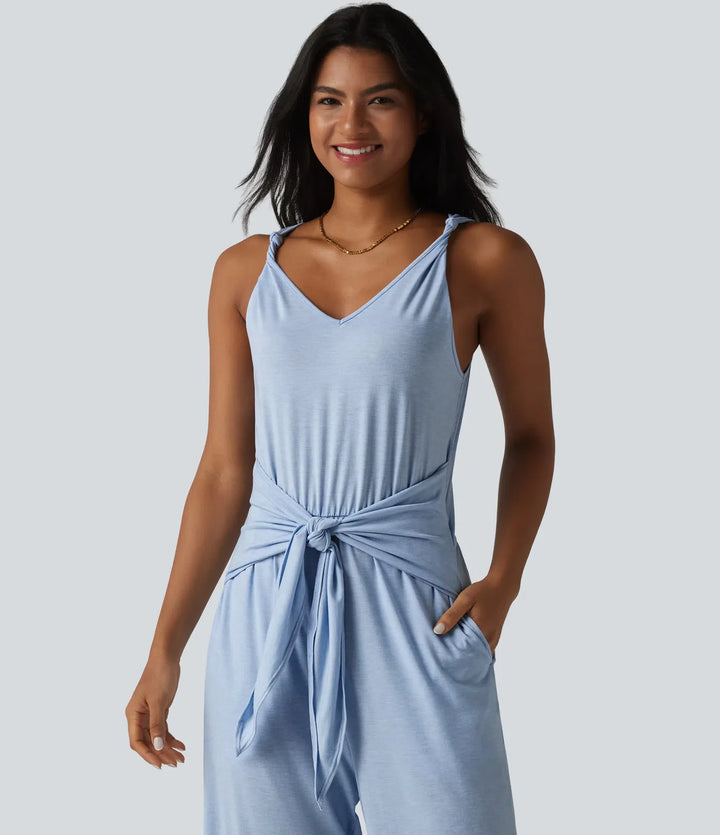 V Neck Sleeveless Tie Front Wide Leg Casual Jumpsuit with Pockets-Easy Peezy Edition