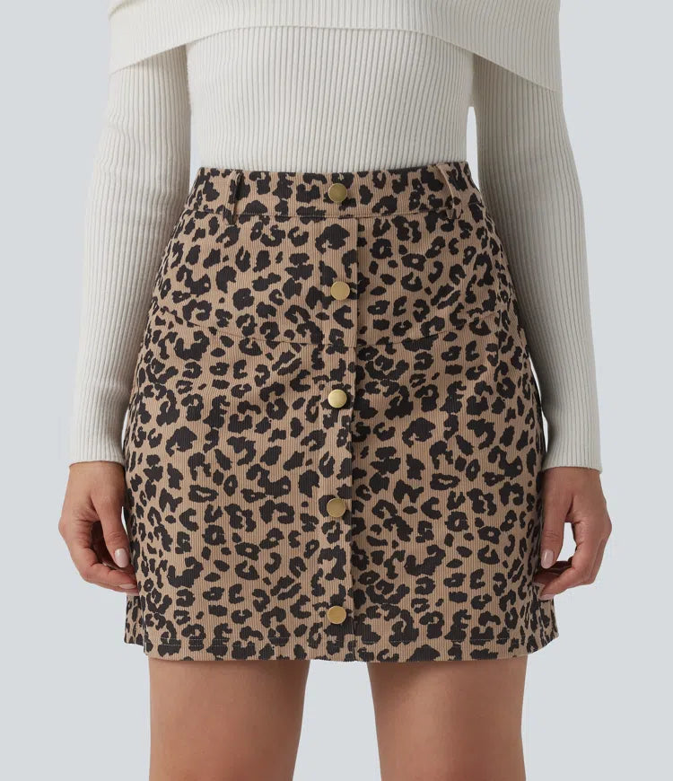 High Waisted 2-in-1 Leopard Print Mini Casual Skirt with Pocket-Longer Length