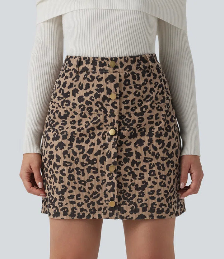 High Waisted 2-in-1 Leopard Print Mini Casual Skirt with Pocket-Longer Length