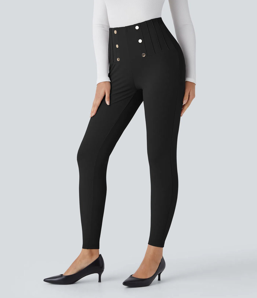 High Waisted Tummy Control Decorative Back Zipper Pockets Herringbone Work Trousers