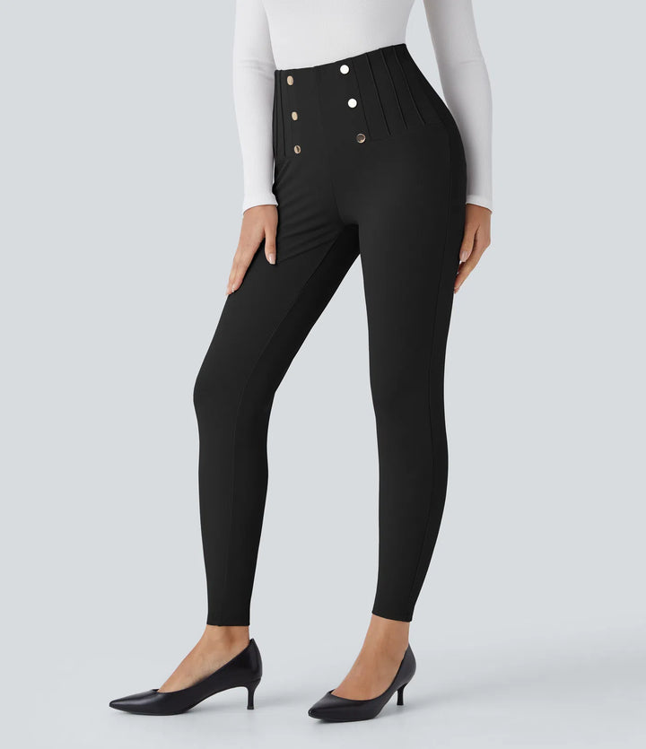 High Waisted Tummy Control Decorative Back Zipper Pockets Herringbone Work Trousers