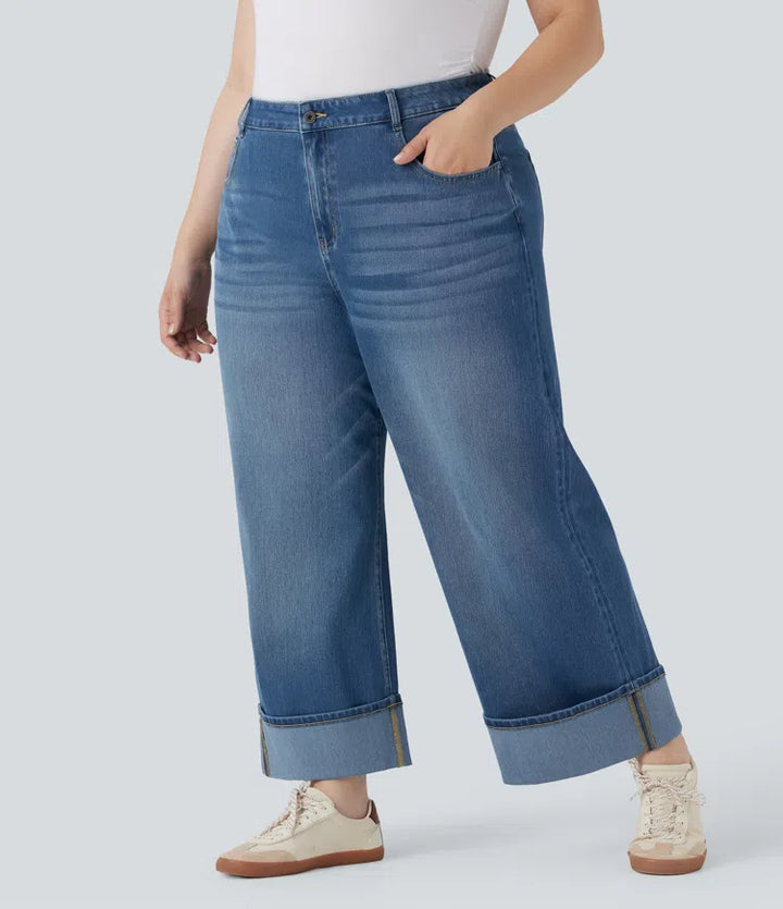 Plus Size Halara Flex High Waisted Wide Leg Rolled Hem Washed Stretchy Knit Casual Jeans with Pockets