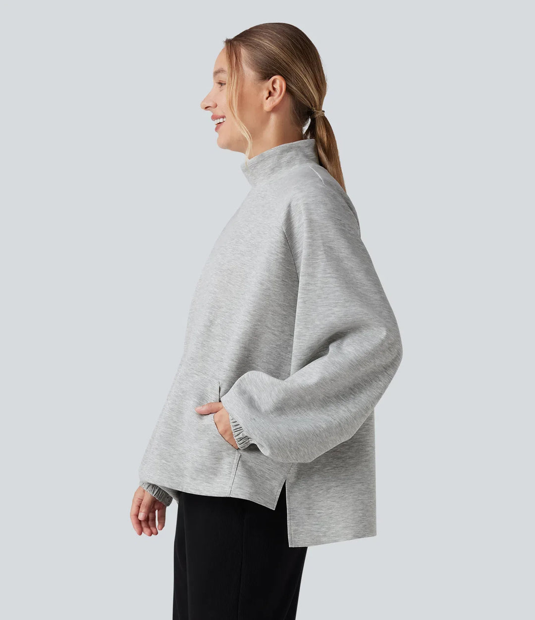 Mock Neck Long Sleeve High Low Casual Sweatshirt with Pocket