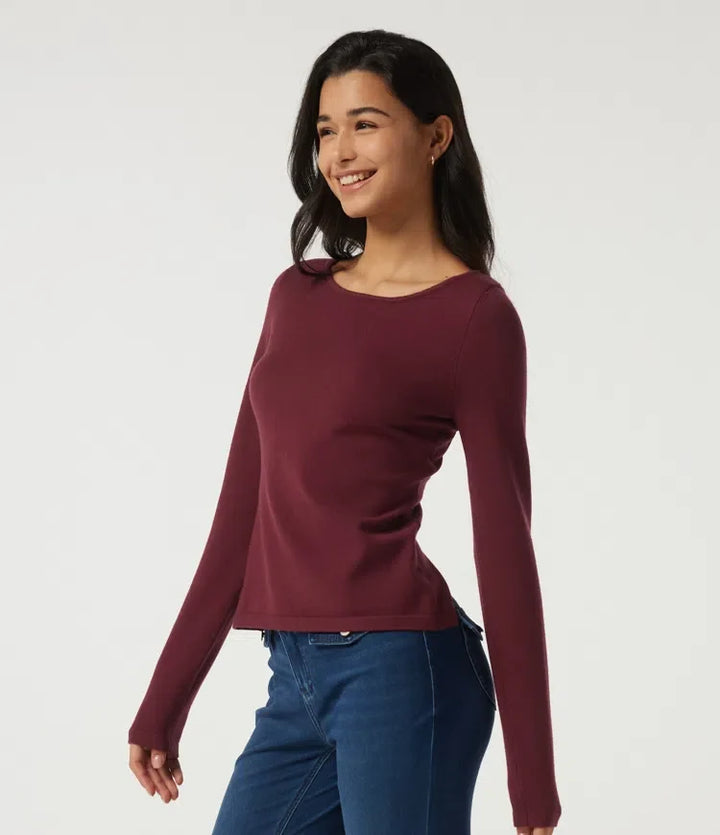 Boat Neck Long Sleeve Contrast Lace Cut Out Back Casual Jumper