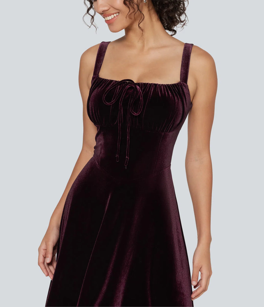 Square Neck Lace Up Ruched Built-in Bra Corset Velvet Midi Casual Milkmaid Dress