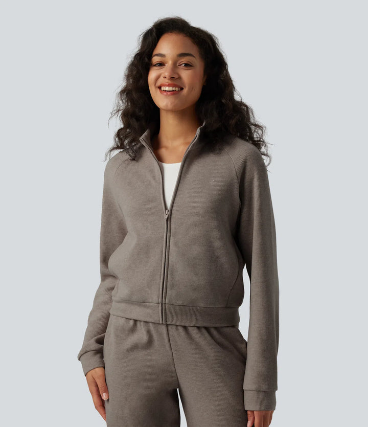 Ribbed Stand Collar Long Sleeve Zipper Casual Jacket with Pockets