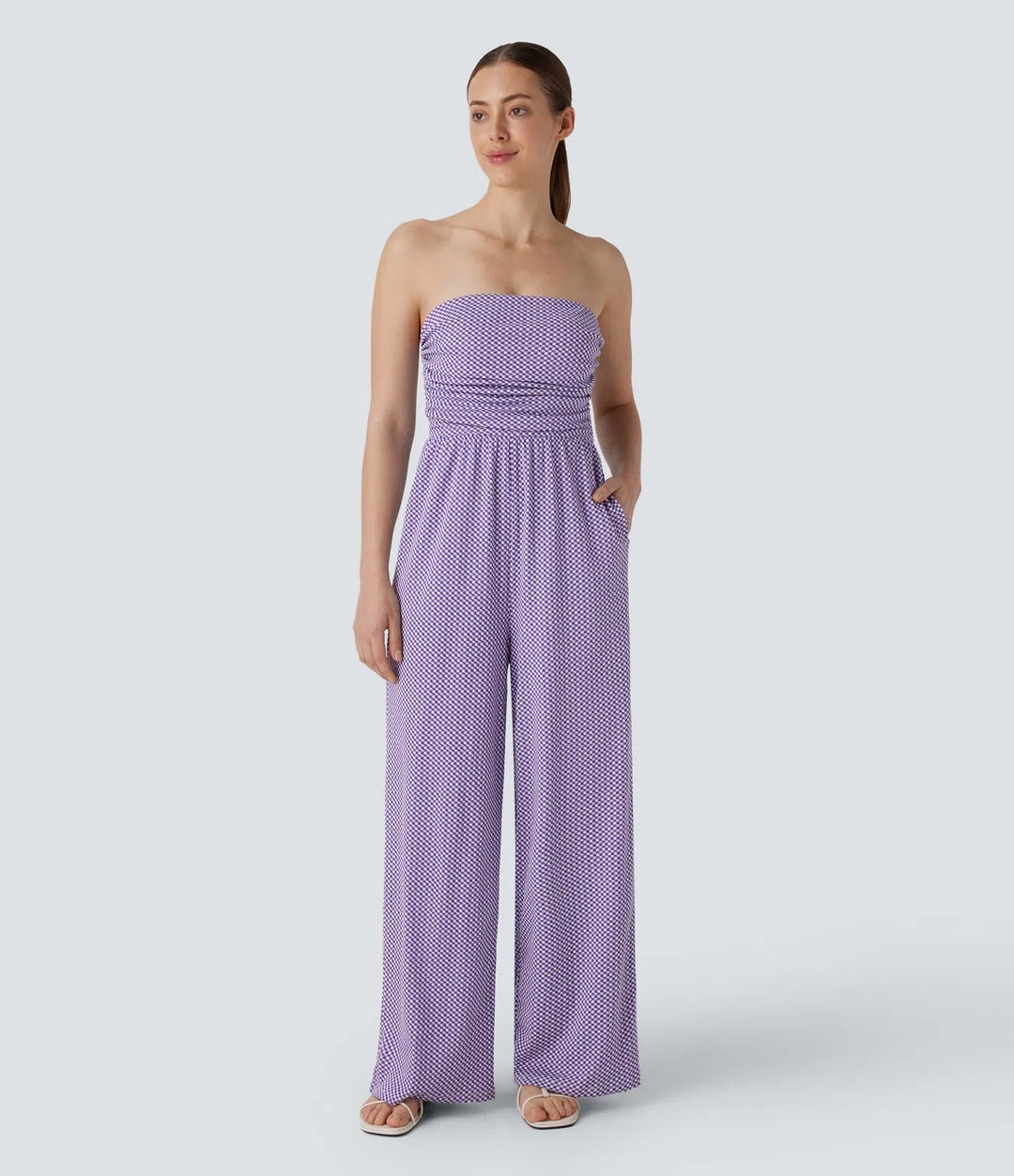 Adjustable &amp; Removable Strap Ruched Pocket Plaid Casual Jumpsuit