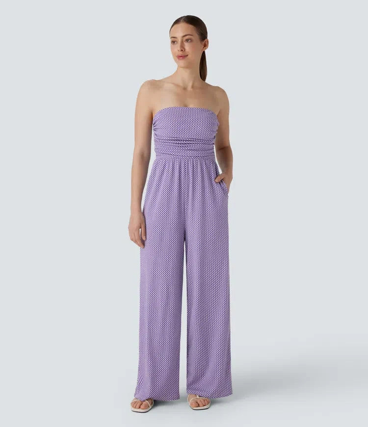 Adjustable &amp; Removable Strap Ruched Pocket Plaid Casual Jumpsuit