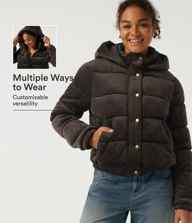 Ribbed Knit Removable Hood Long Sleeve Fleece Casual Padded Jacket with Pockets