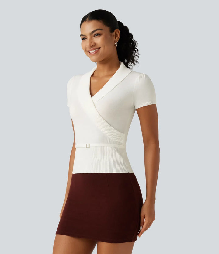 V Neck Short Sleeve Ruched Slim Casual Jumper
