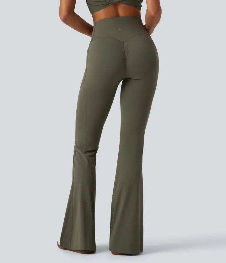 Halara UltraSculpt High Waisted Crossover Scrunch Butt Lifting Tummy Control Shaping Yoga Flare Leggings with Pockets
