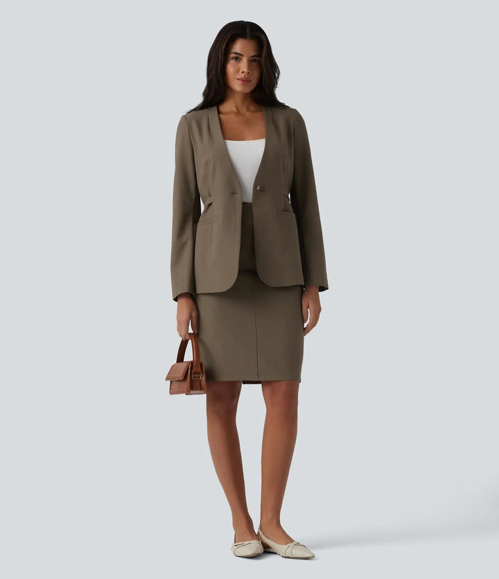 Long Sleeve Work Linen-Blend Blazer with Pockets