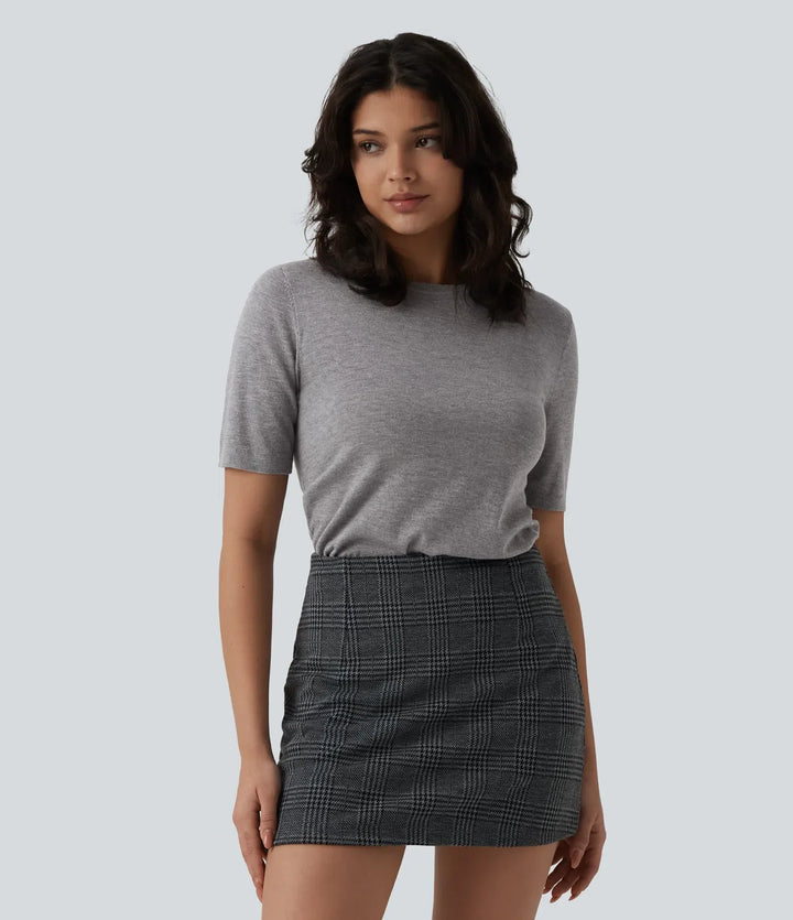Round Neck Short Sleeve Slim Work Silk-Wool Blend Jumper