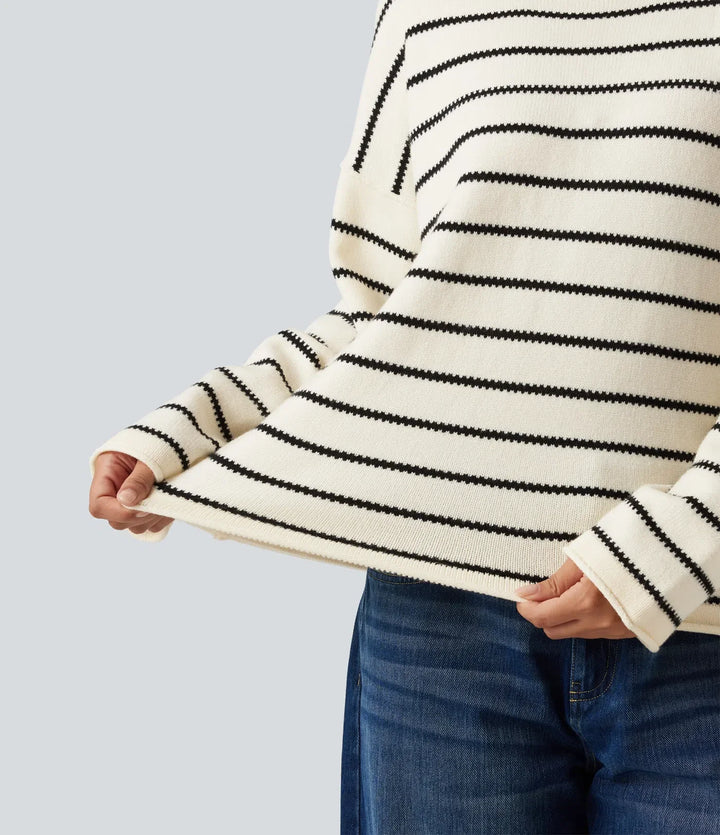 Boat Neck Long Sleeve Stripe Rolled Hem Oversized Casual Jumper