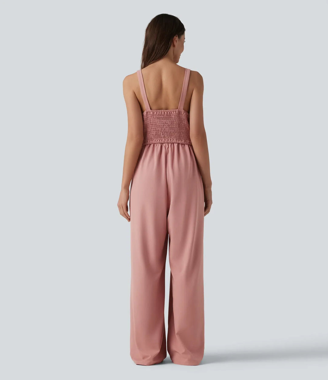 U-Neck Sleeveless Shirred Decorative Buttons Waffle Casual Wide Leg Jumpsuit with Pockets-Easy Peezy