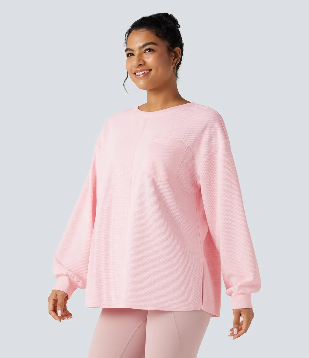 Round Neck Long Sleeve Split Hem Waffle Oversized Casual Sweatshirt with Pockets
