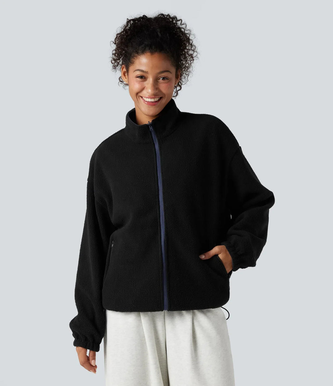 Reversible High Neck Long Sleeve Zipper Fleece Hiking Jacket with Pockets (Two Looks in One)