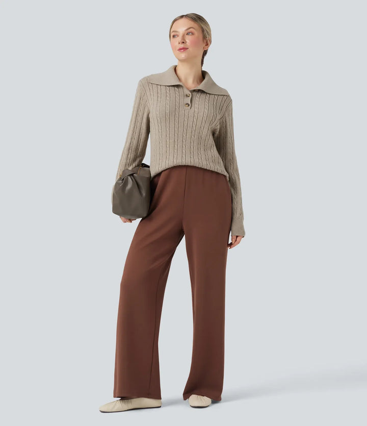 Lapel Long Sleeve Cable Knit Relaxed Fit Work Wool-Blend Jumper