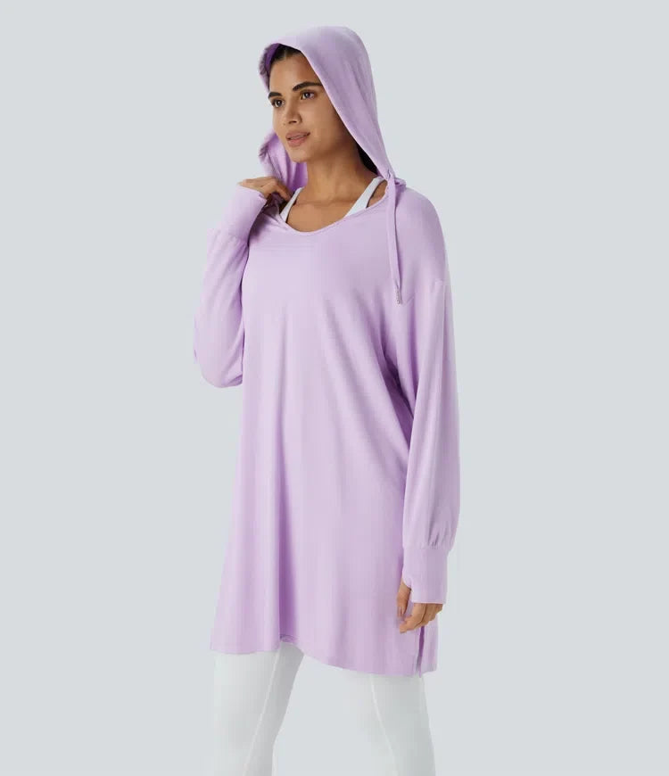 Hooded V Neck Drawstring Thumb Hole Longline Casual Sweatshirt
