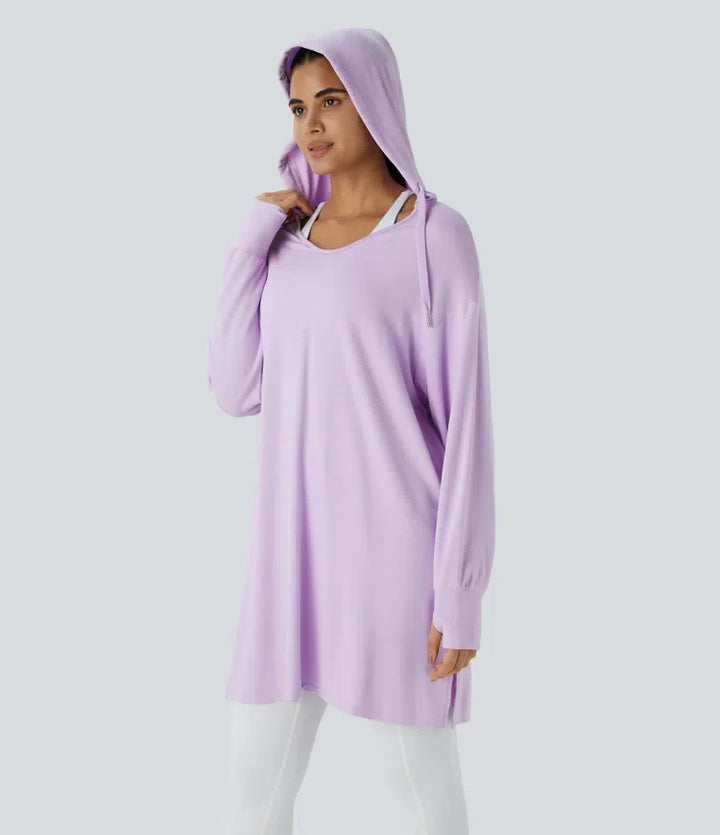 Hooded V Neck Drawstring Thumb Hole Longline Casual Sweatshirt
