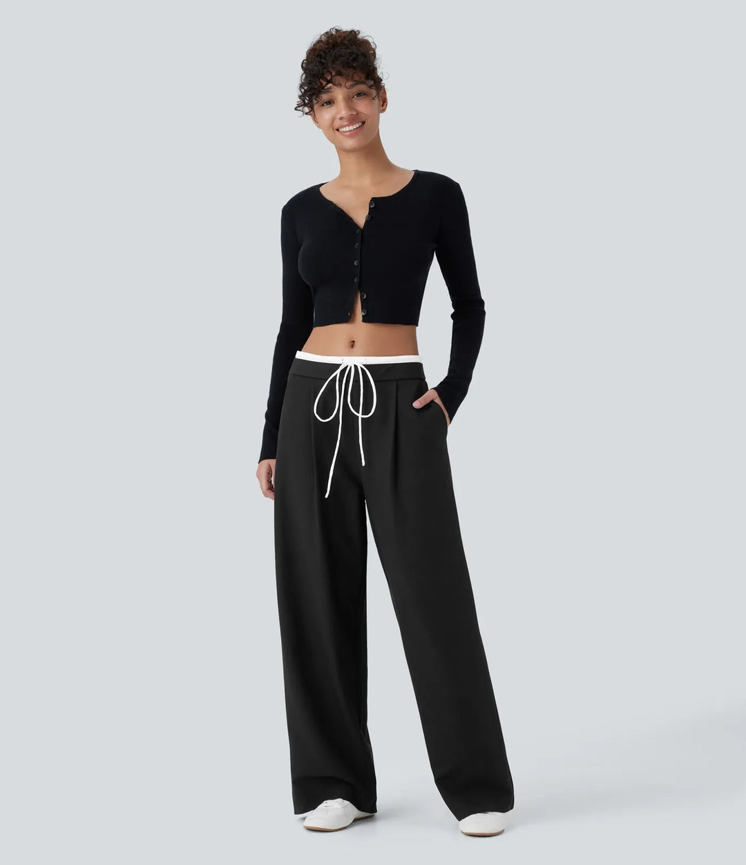 Double-Layer Color Block Low Rise Drawstring Pocket Wide Leg Casual Trousers