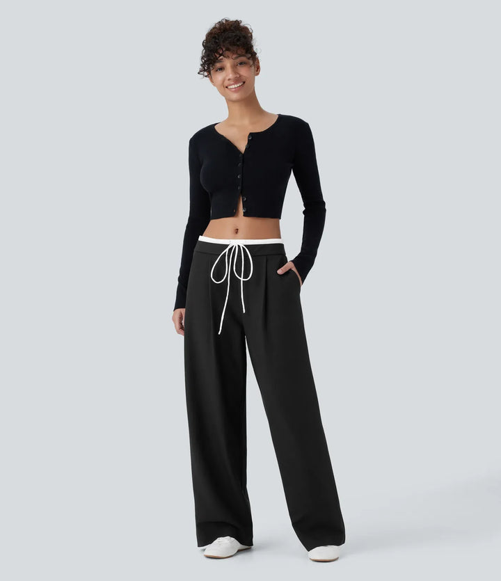 Double-Layer Color Block Low Rise Drawstring Pocket Wide Leg Casual Trousers