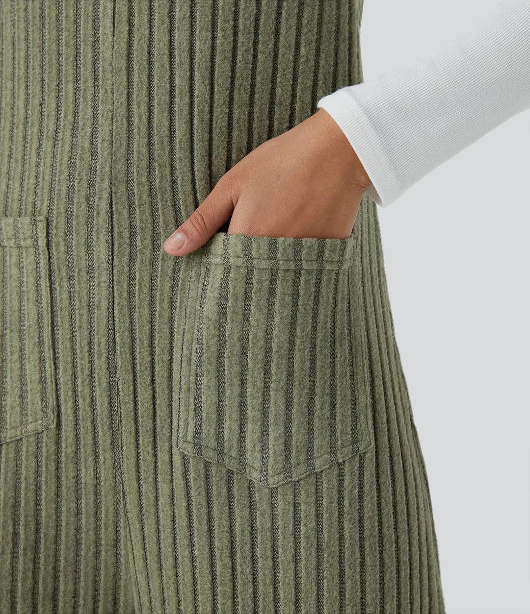 Ribbed Knit Pockets Fleece Casual Dungarees
