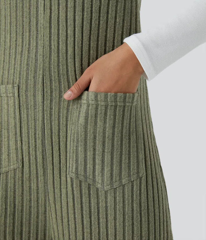 Ribbed Knit Pockets Fleece Casual Dungarees