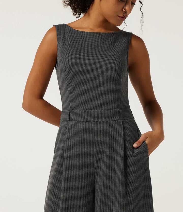 Boat Neck Sleeveless Wide Leg Houndstooth Slim Work Jumpsuits with Pockets -Easy Peezy Edition