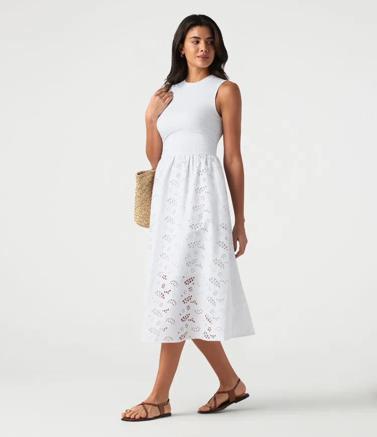 Round Neck Sleeveless Midi Embroidery Eyelet Resort Dress with Pockets