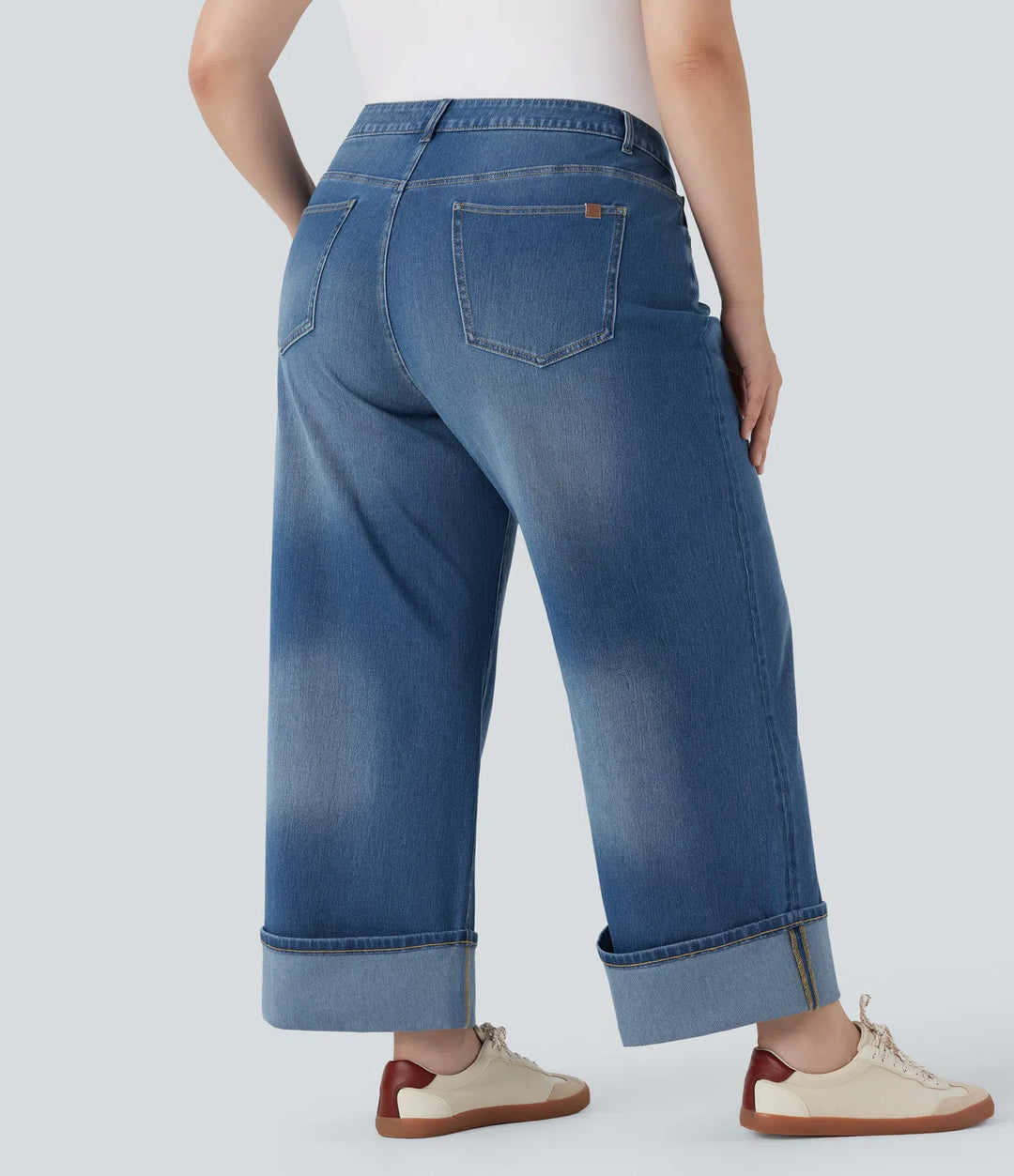 Plus Size Halara Flex High Waisted Wide Leg Rolled Hem Washed Stretchy Knit Casual Jeans with Pockets