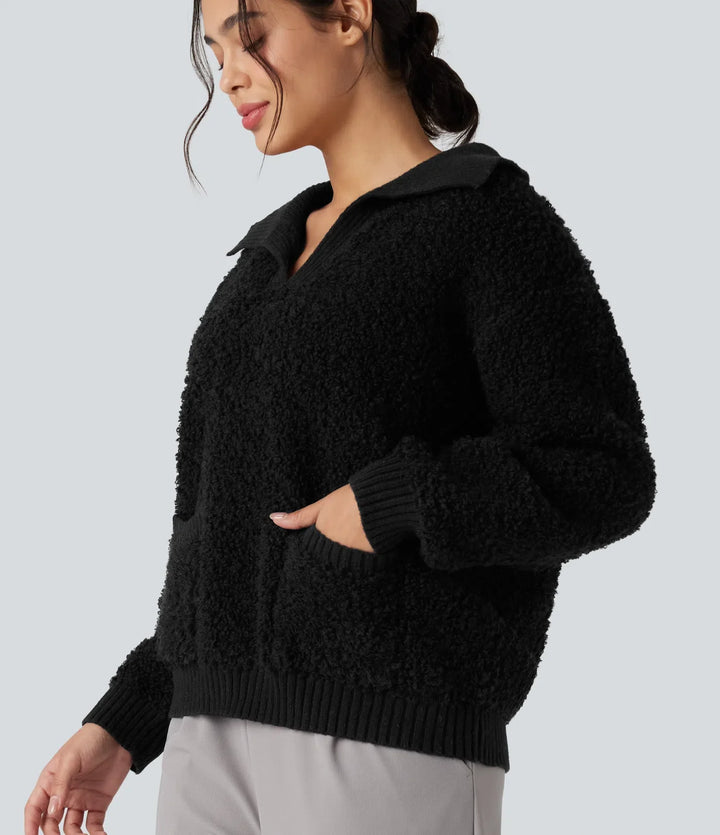 Lapel Reglan Long Sleeve Work Jumper with Pockets