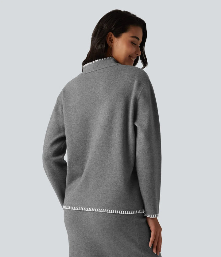 Stand Collar Long Sleeve Crochet Work Jumper