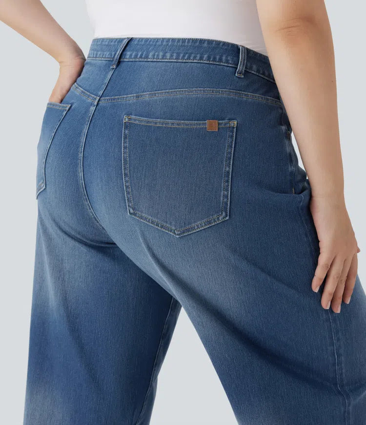 Plus Size Halara Flex High Waisted Wide Leg Rolled Hem Washed Stretchy Knit Casual Jeans with Pockets