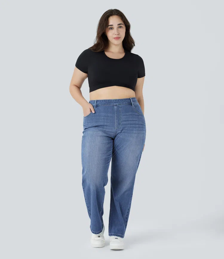 Halara Flex High Waisted Pockets Straight Leg Washed Casual Plus Size Jeans