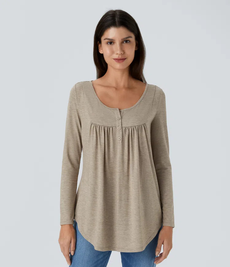 Round Neck Button Long Sleeve Curved Hem Casual Top