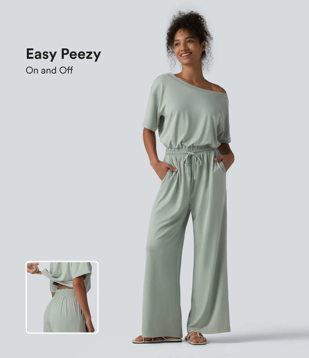 Boat Neck Short Sleeve Drawstring Baggy Casual Jumpsuit with Pockets-Easy Peezy Edition