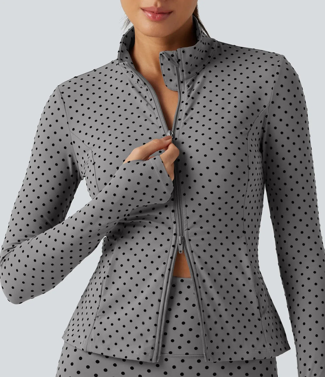 Halara UltraSculpt Stand Collar Long Sleeve Thumb Hole Pleated Polka Dot Yoga Jacket with Pockets