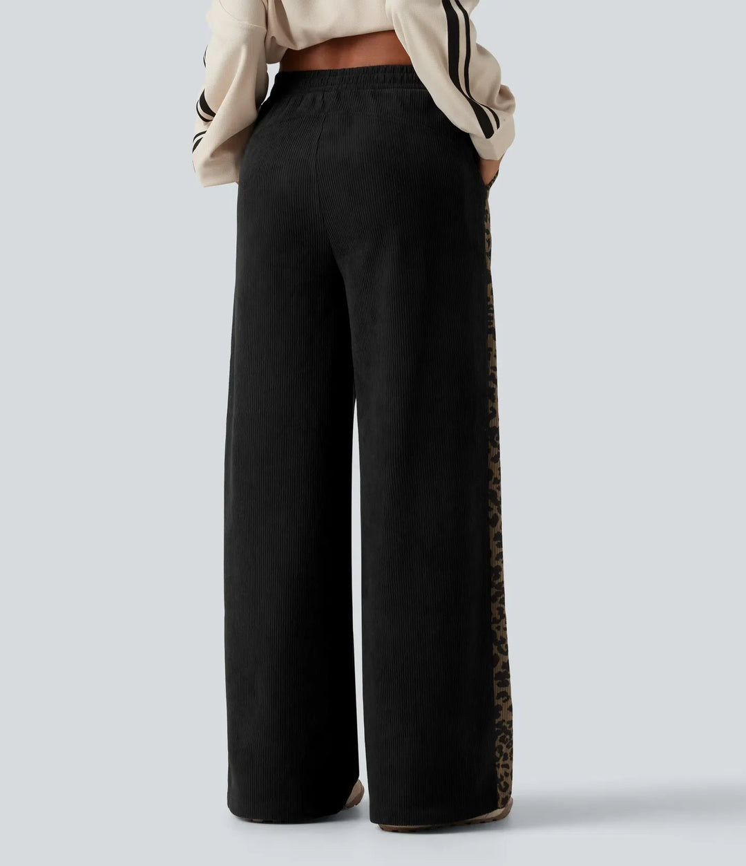 Mid Rise Leopard Print Corduroy Straight Leg Casual Trousers with Pockets