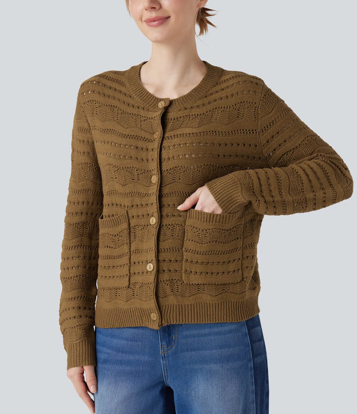 Round Neck Long Sleeve Button Fly Hollow Out Work Cardigan with Pockets