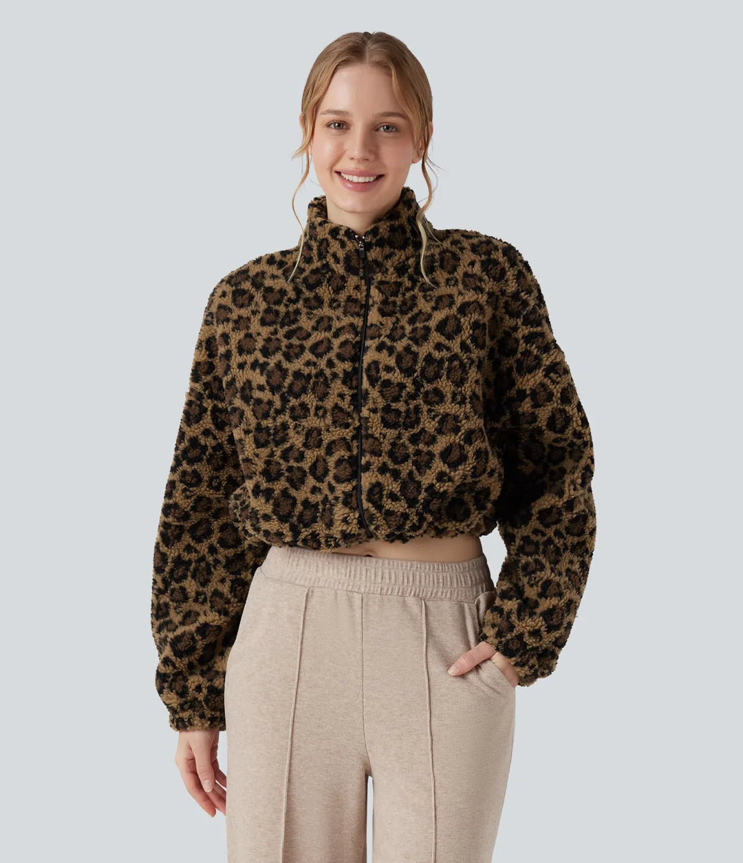 3-in-1 Stand Collar Long Sleeve Thumb Holes Jacket &amp; Drawstring Hem Sherpa Jacket with Pockets