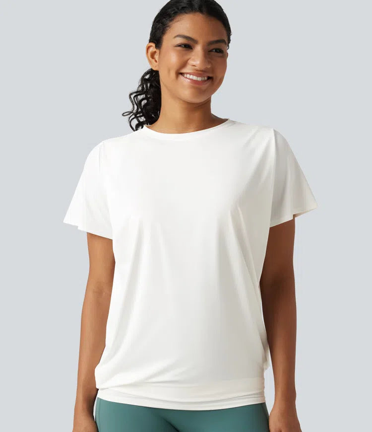 Round Neck Short Sleeve Ruched InstantCool Yoga Sports Top-Longer Length-UPF50+