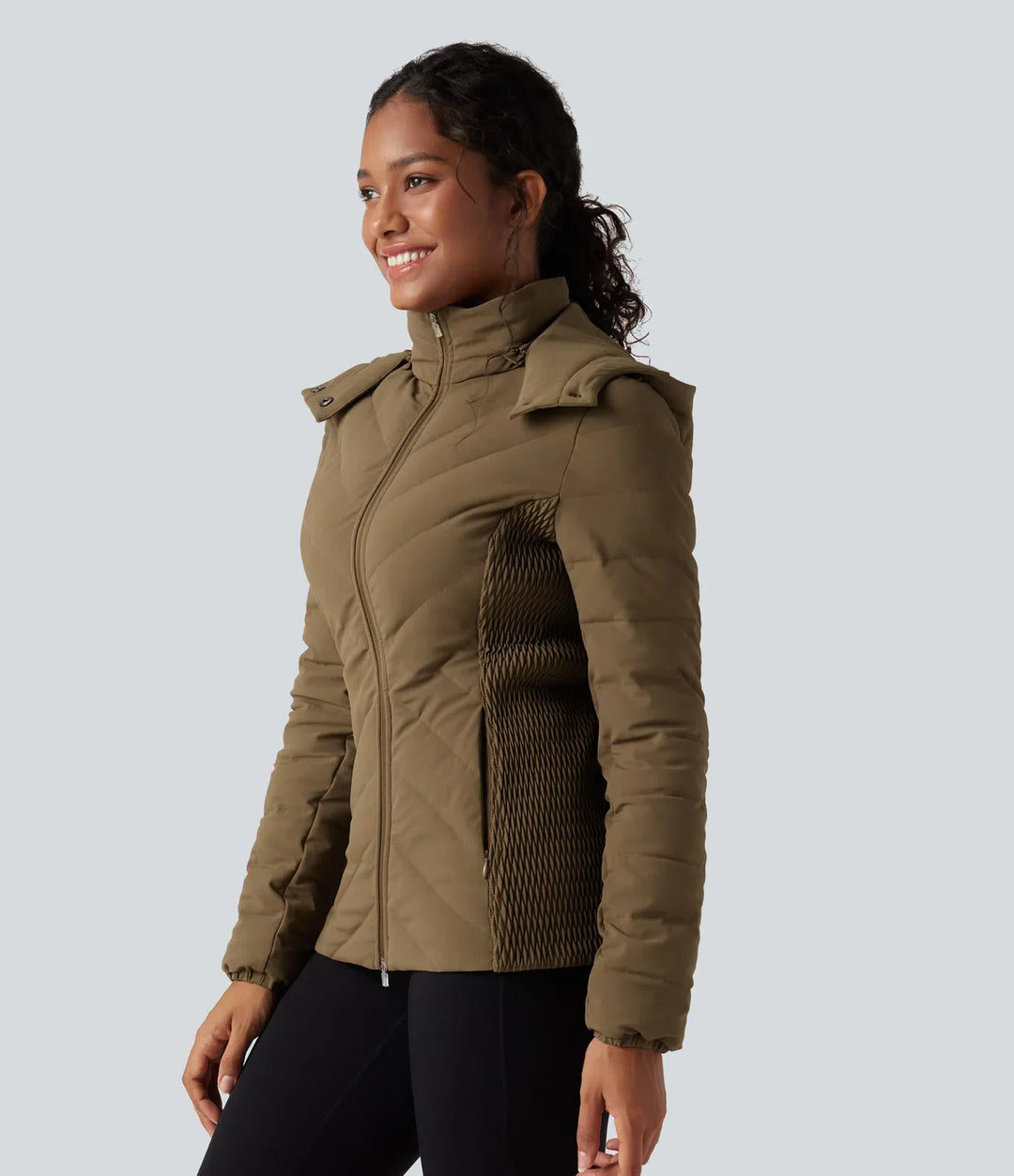 PuffFlex Removable Hood Shirred Casual Padded Jacket with Pockets
