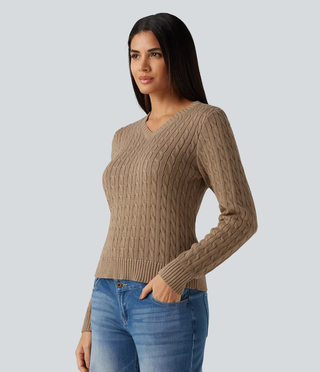 Cable Knit V Neck Long Sleeve Work Jumper