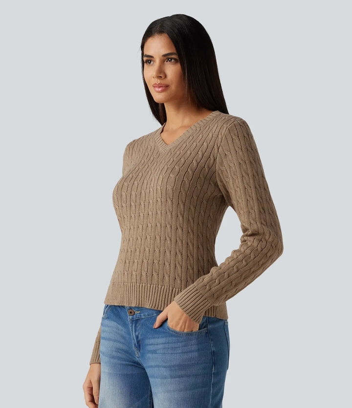 Cable Knit V Neck Long Sleeve Work Jumper