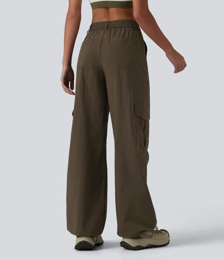 High Waisted Hiking Cargo Straight Leg Trousers with Pockets
