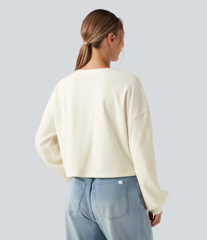 Ribbed Knit Round Neck Long Sleeve Twisted Hem Casual Sweatshirt