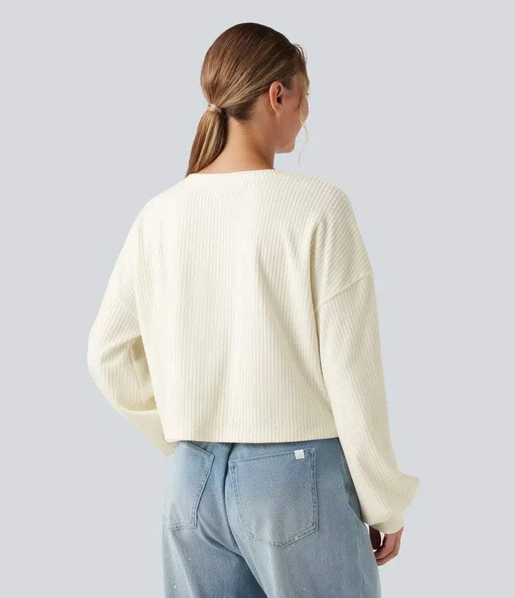 Ribbed Knit Round Neck Long Sleeve Twisted Hem Casual Sweatshirt