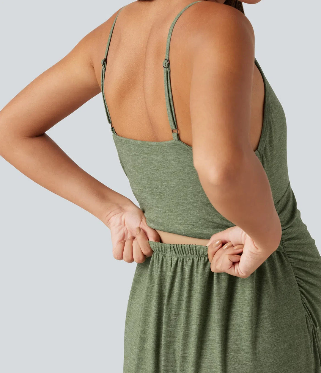 Built-In-Bra Ruched Wide Leg Heathered Casual Maternity Slip Jumpsuit with Pockets-Easy Peezy Edition