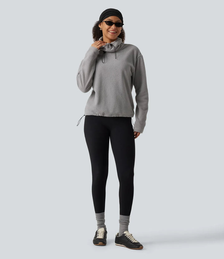 High Neck Drawstring Long Sleeve Gathered Hem Fleece Casual Sweatshirt